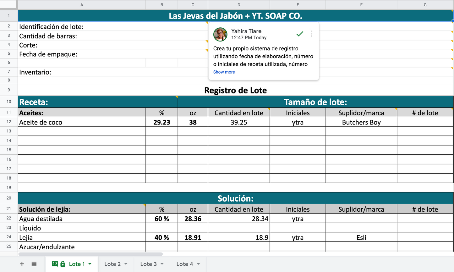 Registro de Lote para Jabón Saponificado (PDF)